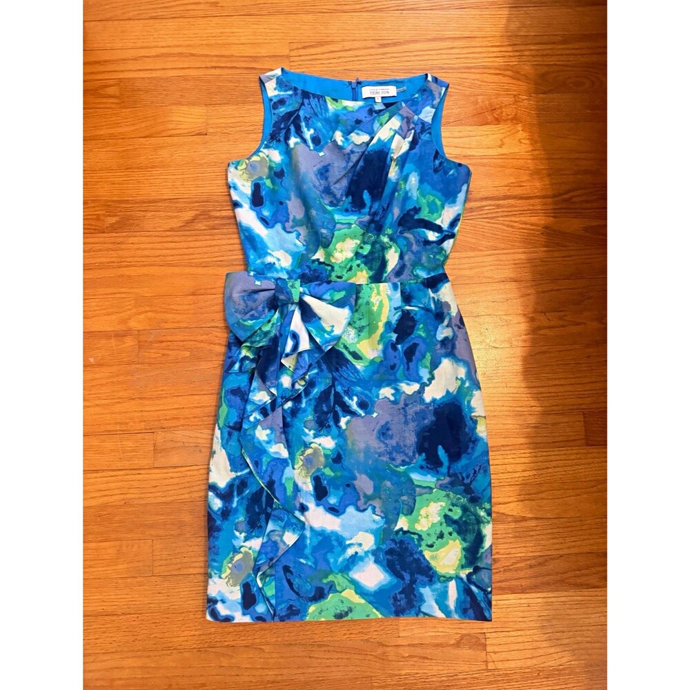 NWOT Rickie Freeman Teri Jon Dress Size 4 Blue Green Watercolor Bow Cocktail